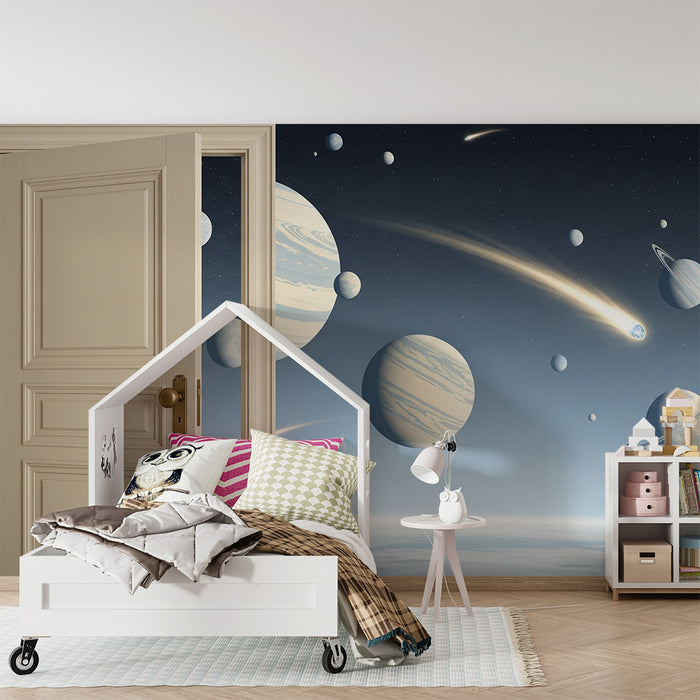 Carta da parati per camera bambini | Viaggio intergalattico con pianeti e comete