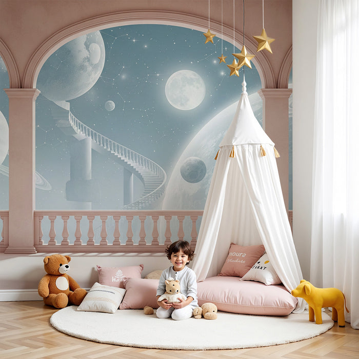 Papier peint chambre enfant | Voyage intergalactique avec planètes et escaliers cosmiques