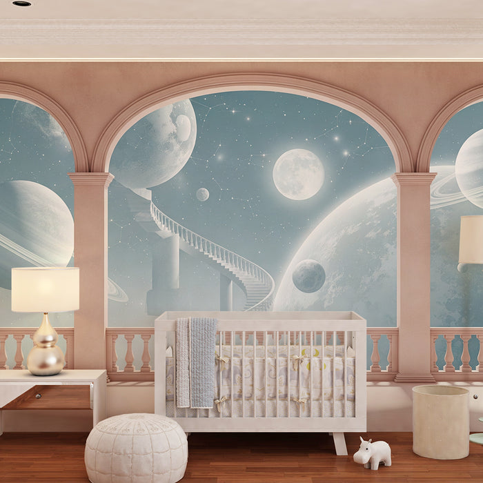 Papier peint chambre enfant | Voyage intergalactique avec planètes et escaliers cosmiques