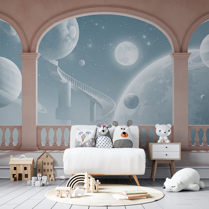 Papier peint chambre enfant | Voyage intergalactique avec planètes et escaliers cosmiques