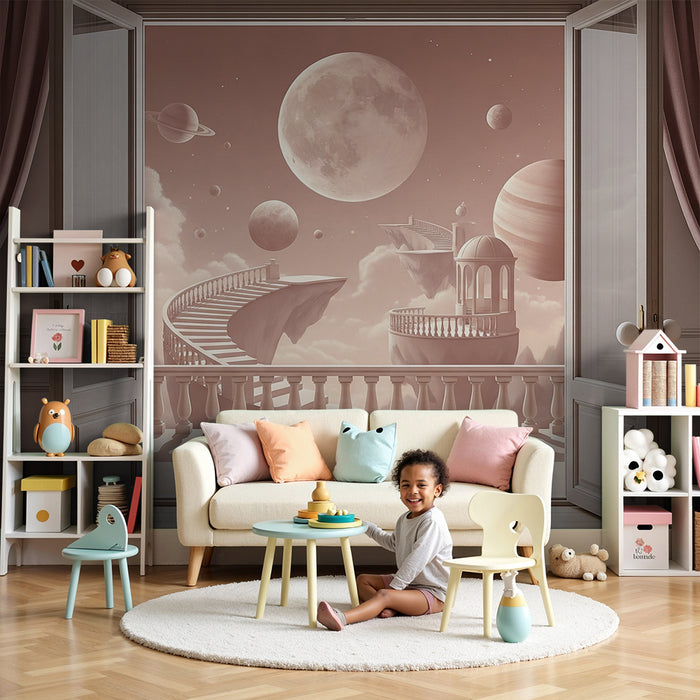 Tapete Kinderzimmer | Intergalaktische Reise mit Planeten und schwebenden Treppen