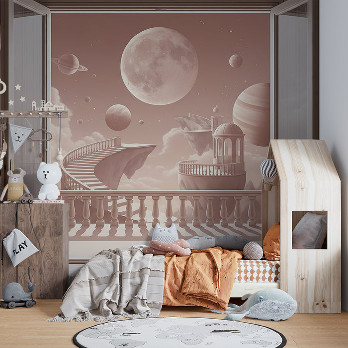 Tapete Kinderzimmer | Intergalaktische Reise mit Planeten und schwebenden Treppen