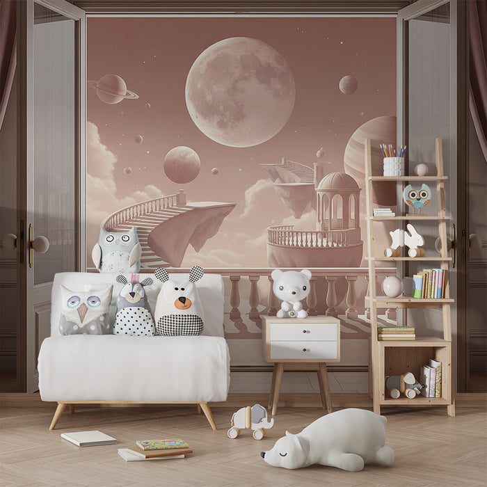 Tapete Kinderzimmer | Intergalaktische Reise mit Planeten und schwebenden Treppen