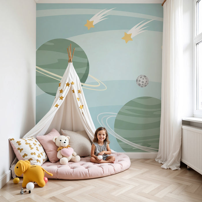 Papel pintado infantil | Viaje interestelar con planetas y estrellas