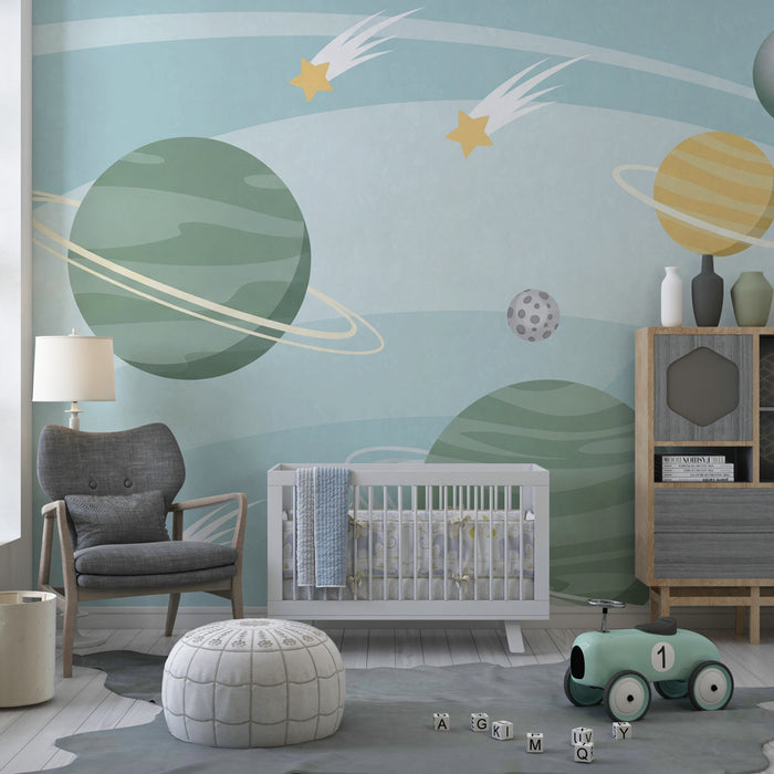 Papel pintado infantil | Viaje interestelar con planetas y estrellas