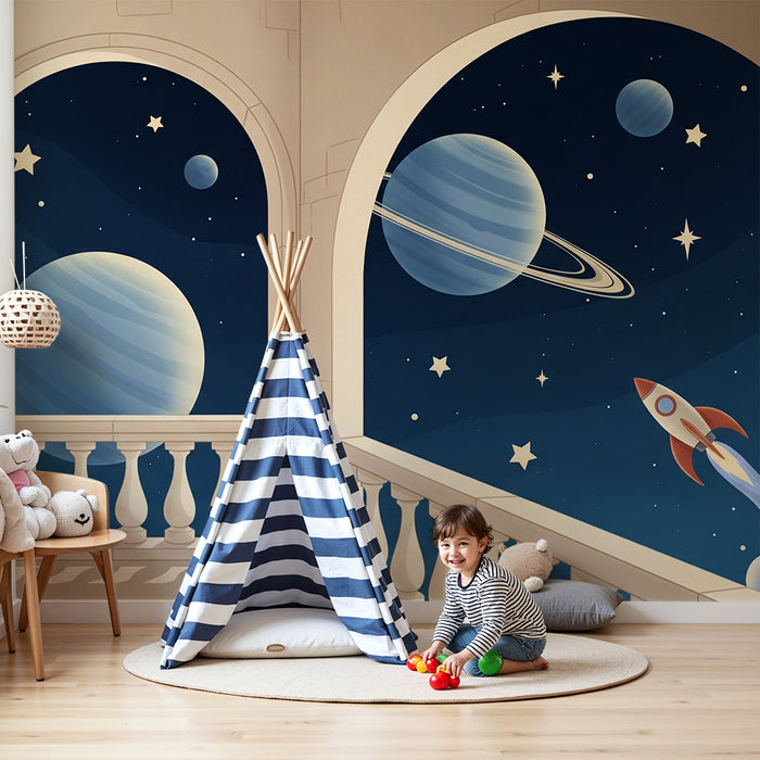 Children's bedroom wallpaper | Intergalactic journey with planets and rocket