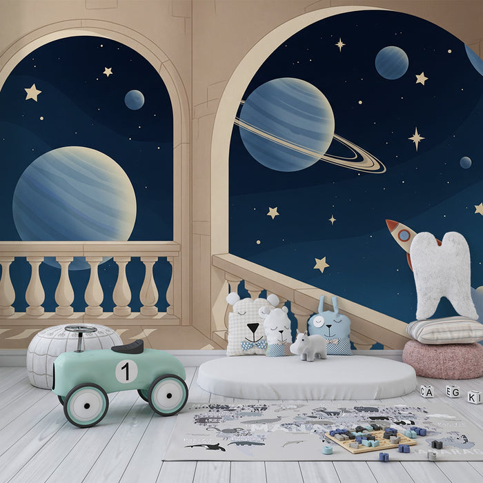 Children's bedroom wallpaper | Intergalactic journey with planets and rocket