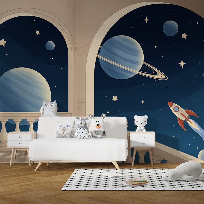 Children's bedroom wallpaper | Intergalactic journey with planets and rocket