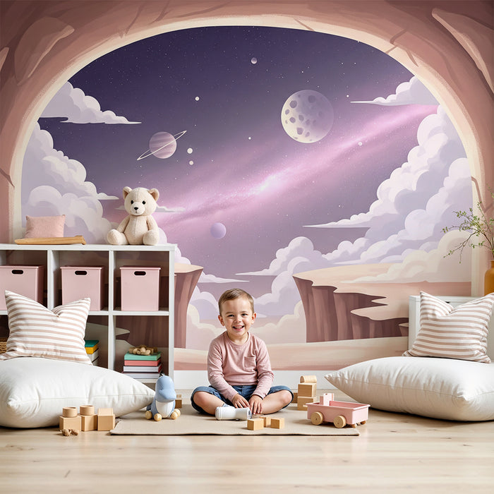Papel de parede infantil | Viagem intergaláctica com planetas e nuvens