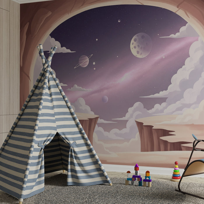 Papel de parede infantil | Viagem intergaláctica com planetas e nuvens