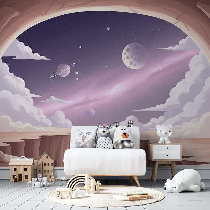 Papel de parede infantil | Viagem intergaláctica com planetas e nuvens