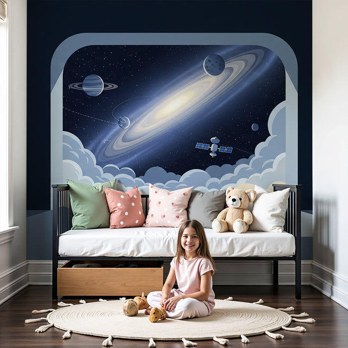 Tapeta do pokoju dziecka | Międzygalaktyczna podróż z planetami i satelitą