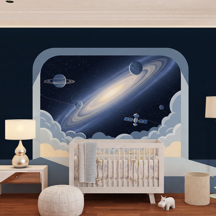 Tapeta do pokoju dziecka | Międzygalaktyczna podróż z planetami i satelitą