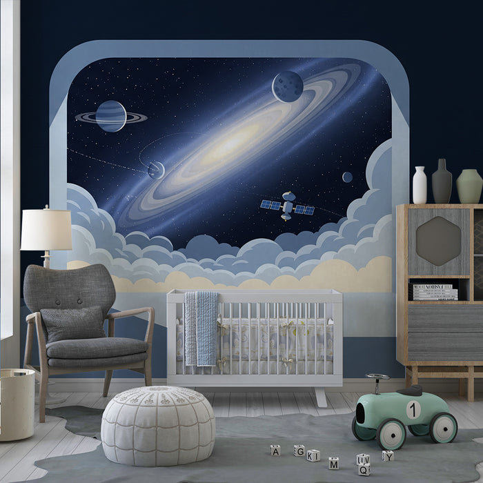 Tapeta do pokoju dziecka | Międzygalaktyczna podróż z planetami i satelitą