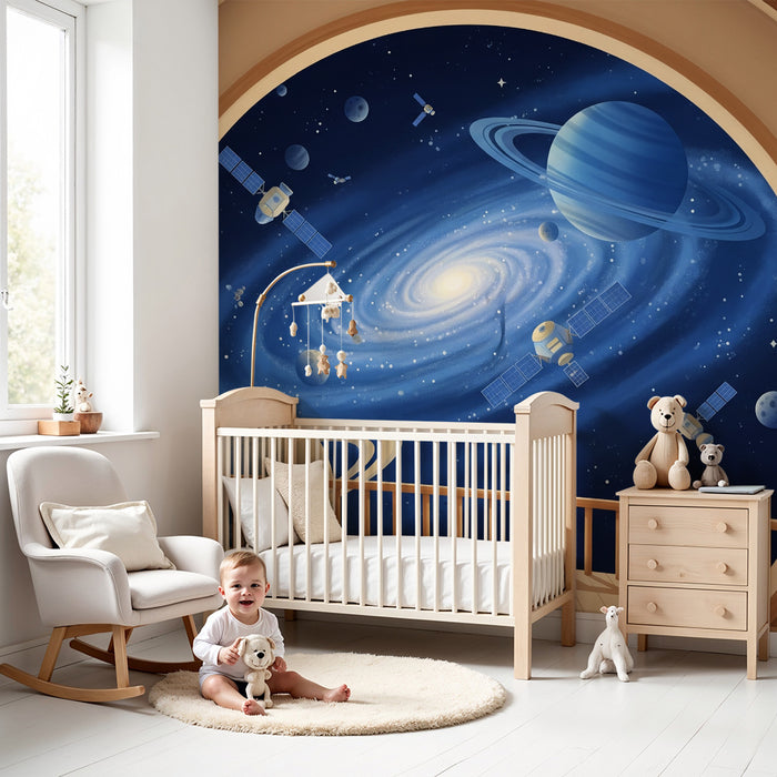 Papel de parede para quarto infantil | Viagem intergaláctica com planetas e satélites