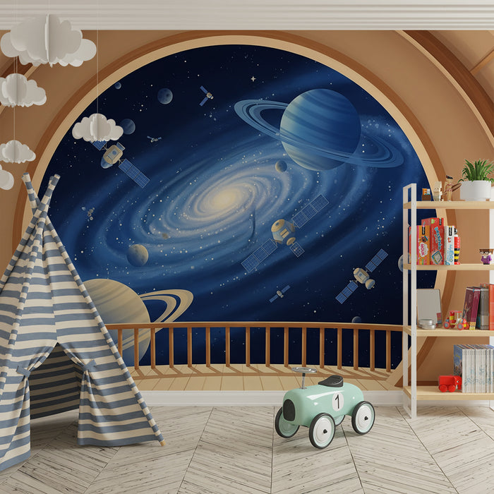 Papel de parede para quarto infantil | Viagem intergaláctica com planetas e satélites