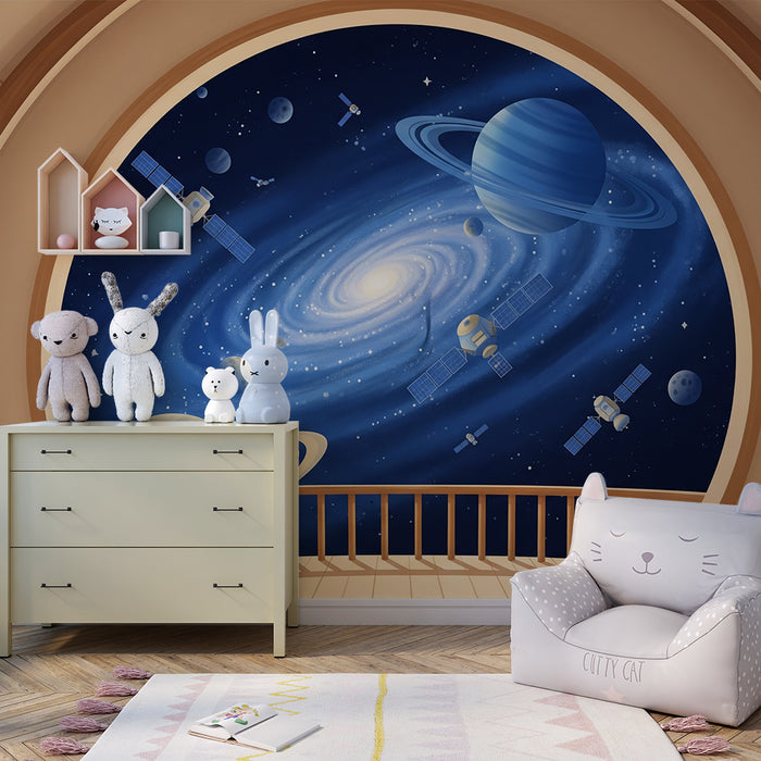 Papel de parede para quarto infantil | Viagem intergaláctica com planetas e satélites
