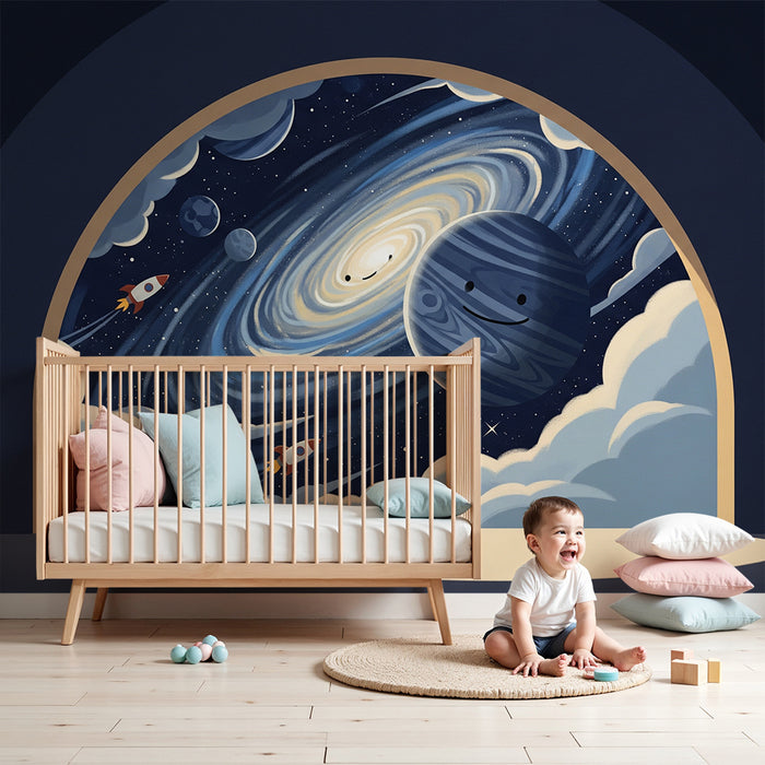 Papel de parede para quarto infantil | Viagem intergaláctica com planetas sorridentes e foguetões