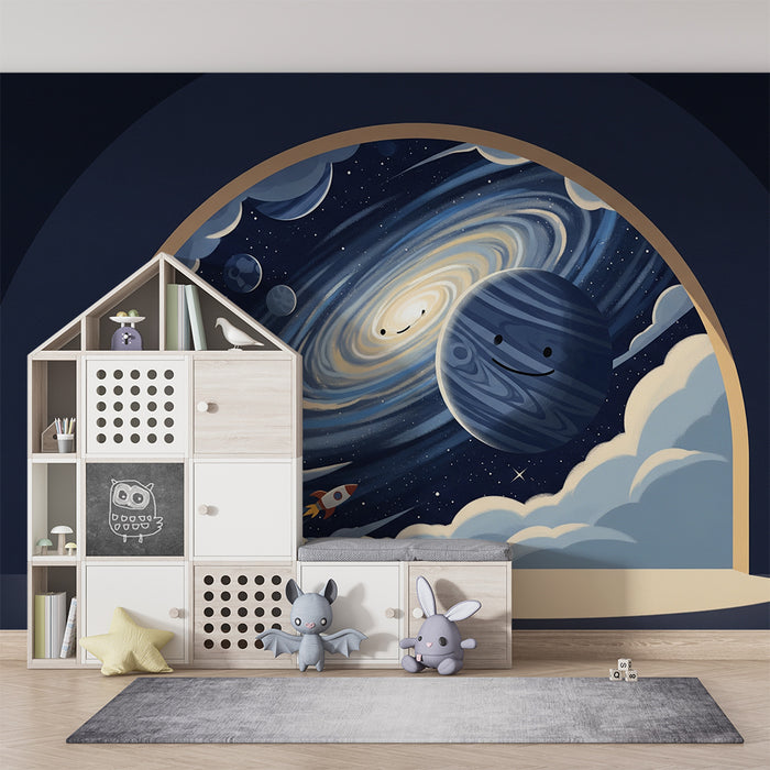 Papel de parede para quarto infantil | Viagem intergaláctica com planetas sorridentes e foguetões