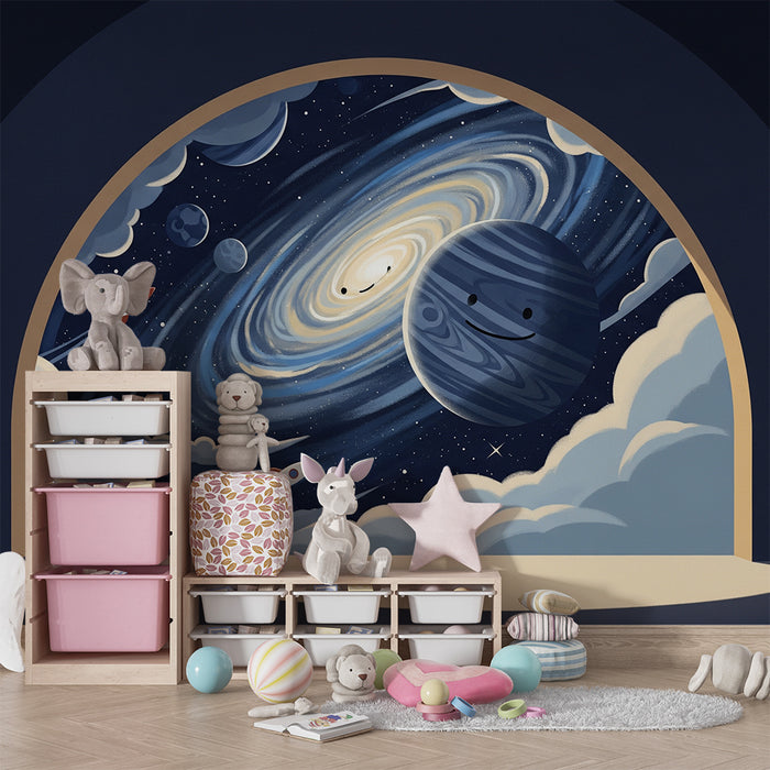 Papel de parede para quarto infantil | Viagem intergaláctica com planetas sorridentes e foguetões