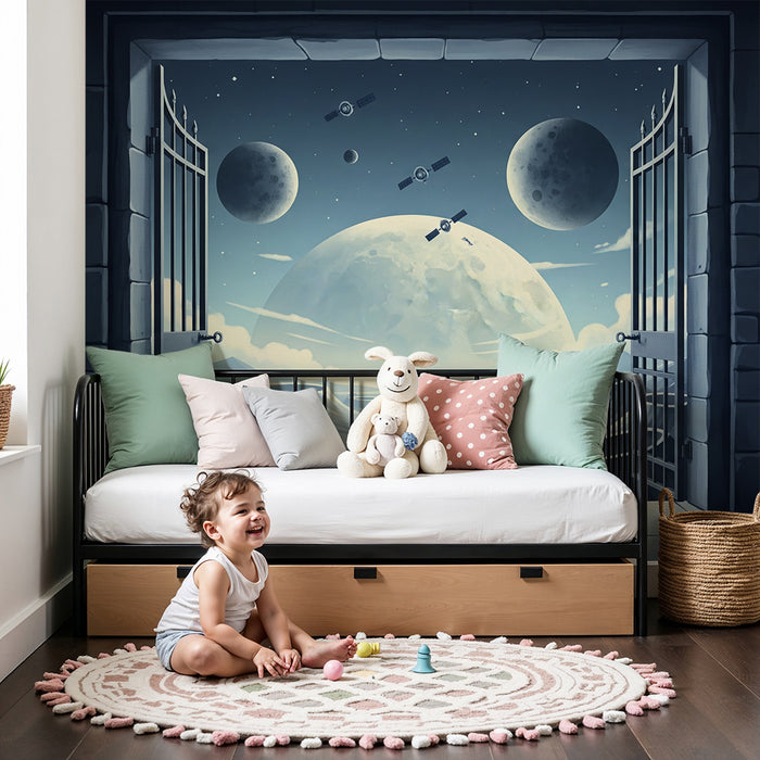 Children's bedroom wallpaper | Intergalactic journey with open doors to a lunar landscape