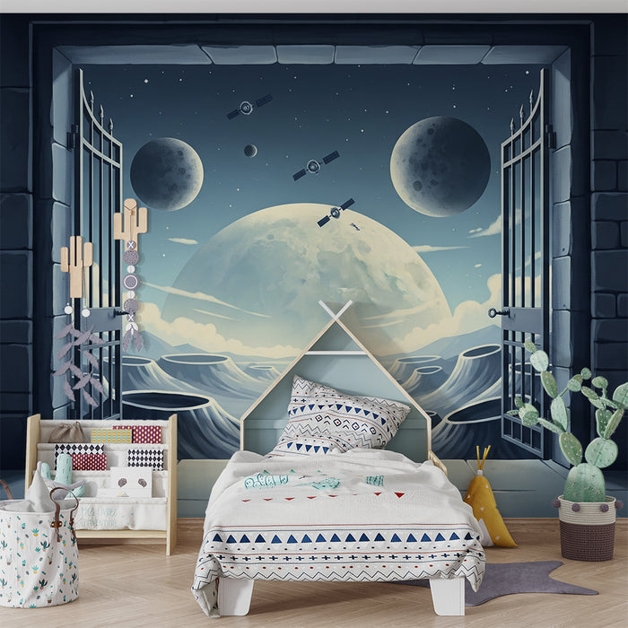 Children's bedroom wallpaper | Intergalactic journey with open doors to a lunar landscape