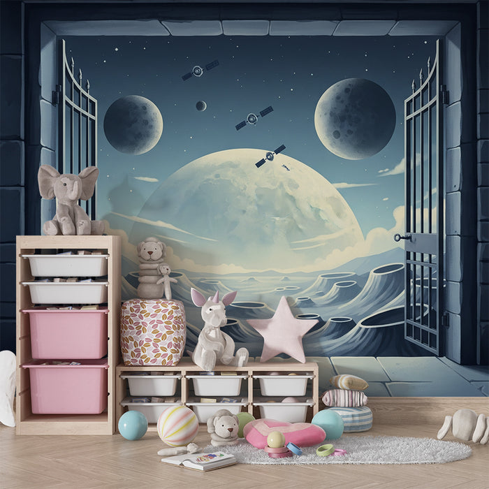 Children's bedroom wallpaper | Intergalactic journey with open doors to a lunar landscape