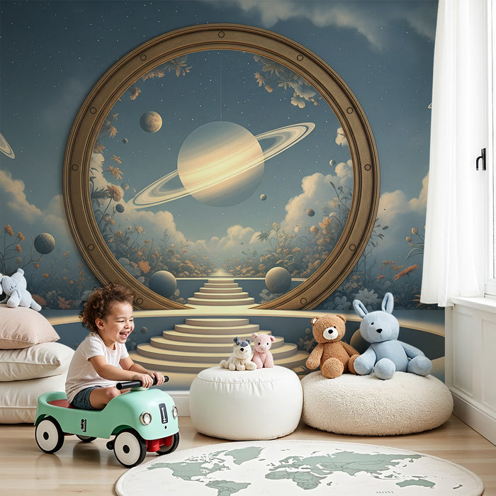 Papier peint chambre enfant | Voyage intergalactique avec Saturne et fleurs cosmiques