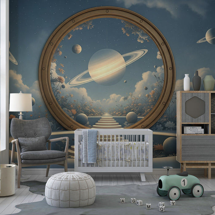 Papier peint chambre enfant | Voyage intergalactique avec Saturne et fleurs cosmiques