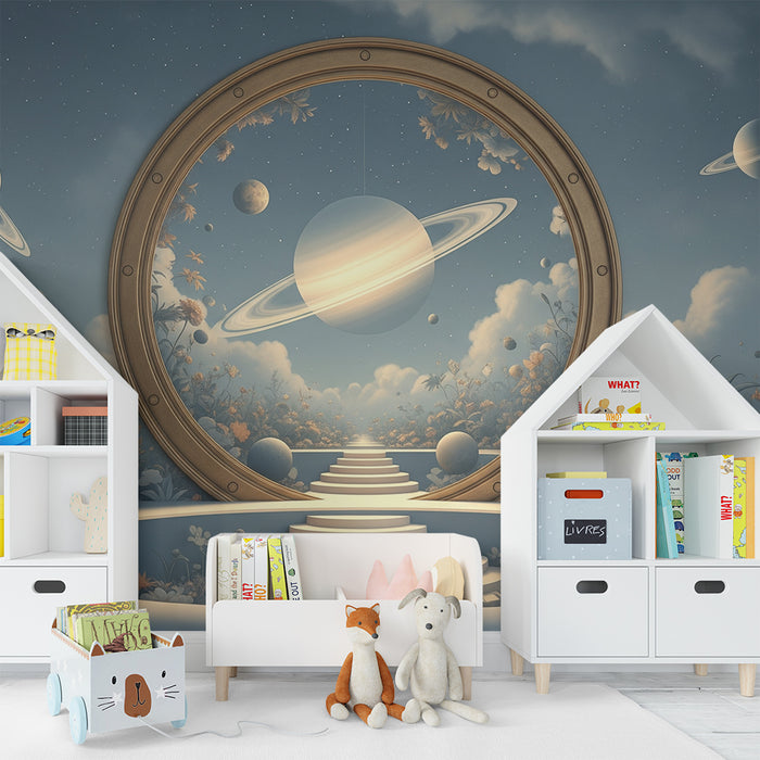 Papier peint chambre enfant | Voyage intergalactique avec Saturne et fleurs cosmiques