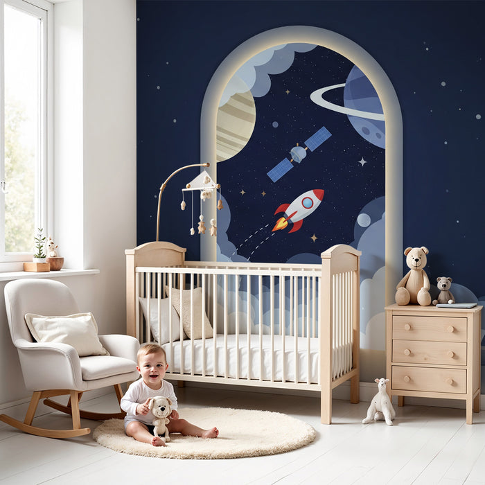 Children's bedroom wallpaper | Intergalactic journey with a rocket and planets
