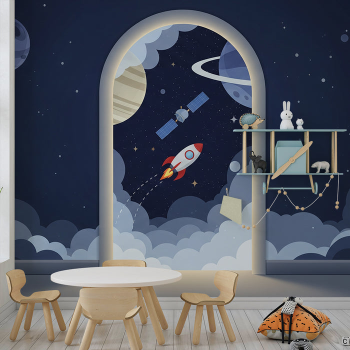 Children's bedroom wallpaper | Intergalactic journey with a rocket and planets