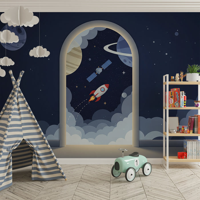 Children's bedroom wallpaper | Intergalactic journey with a rocket and planets
