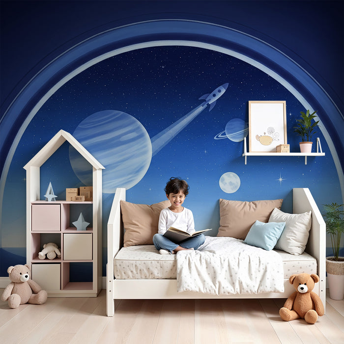 Behang kinderkamer | Intergalactische reis met een raket tussen de planeten
