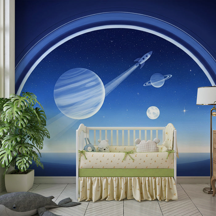Behang kinderkamer | Intergalactische reis met een raket tussen de planeten