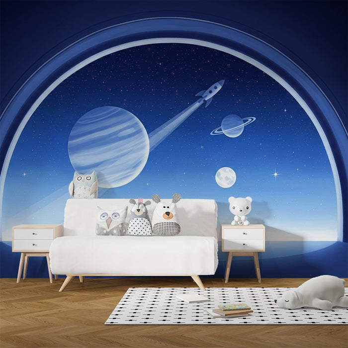 Behang kinderkamer | Intergalactische reis met een raket tussen de planeten