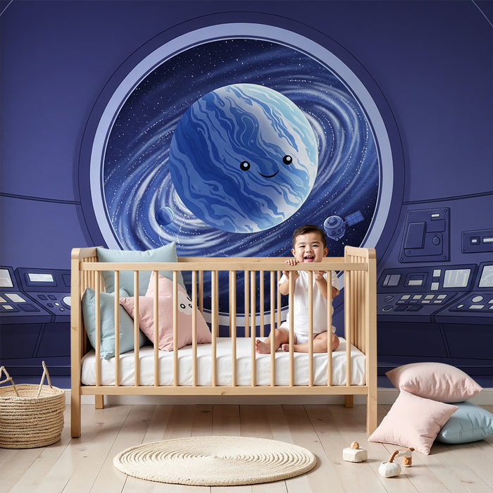 Behang kinderkamer | Intergalactische reis met een lachende planeet