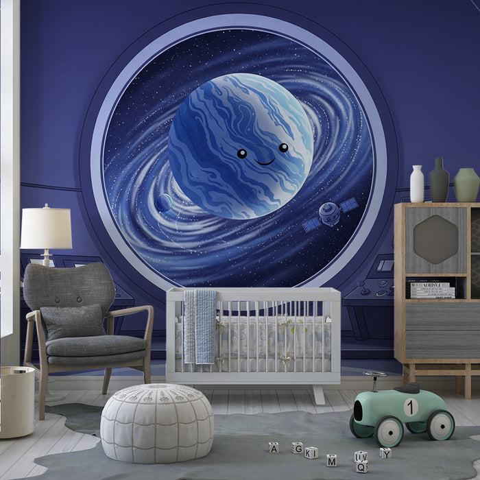 Behang kinderkamer | Intergalactische reis met een lachende planeet