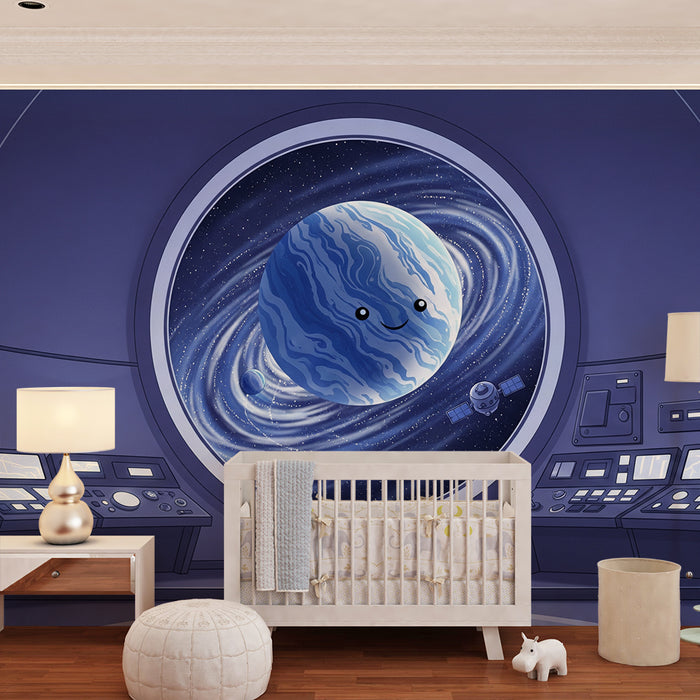 Behang kinderkamer | Intergalactische reis met een lachende planeet