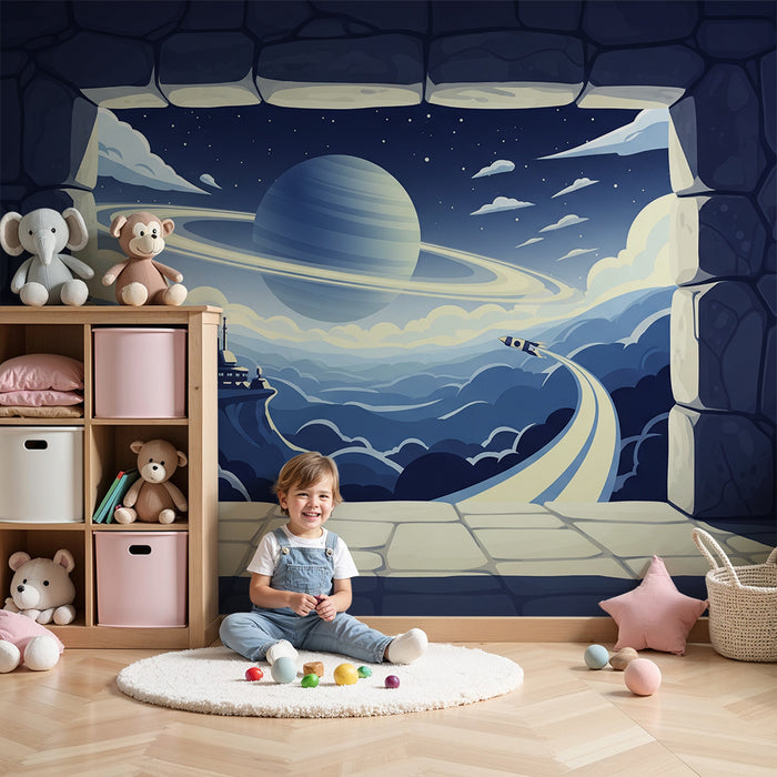 Behang kinderkamer | Intergalactische reis met uitzicht op Saturnus