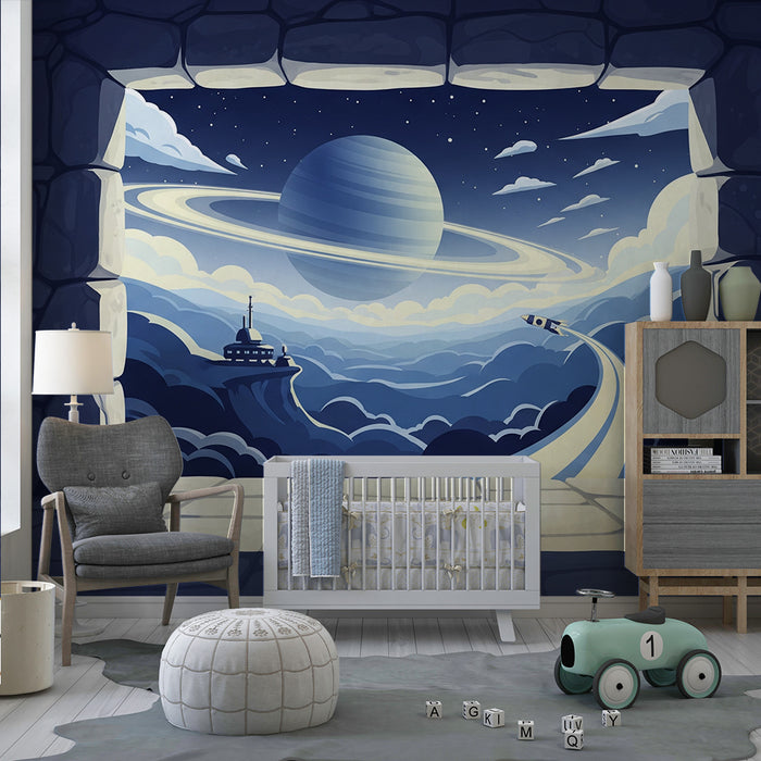 Behang kinderkamer | Intergalactische reis met uitzicht op Saturnus