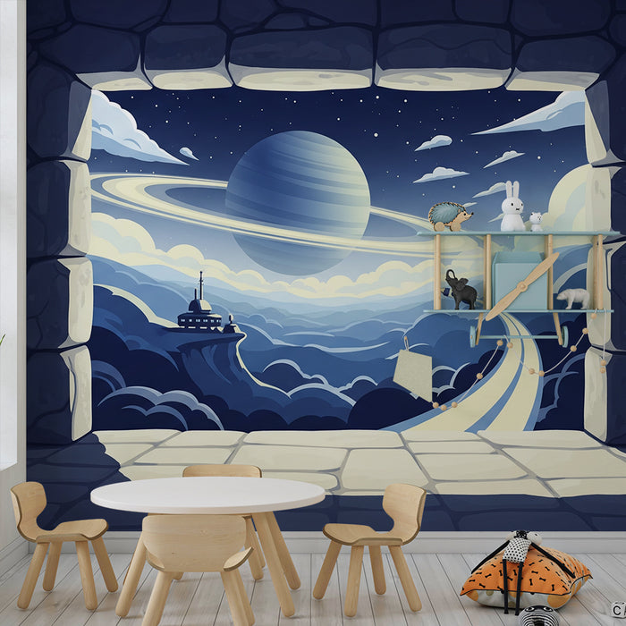 Behang kinderkamer | Intergalactische reis met uitzicht op Saturnus