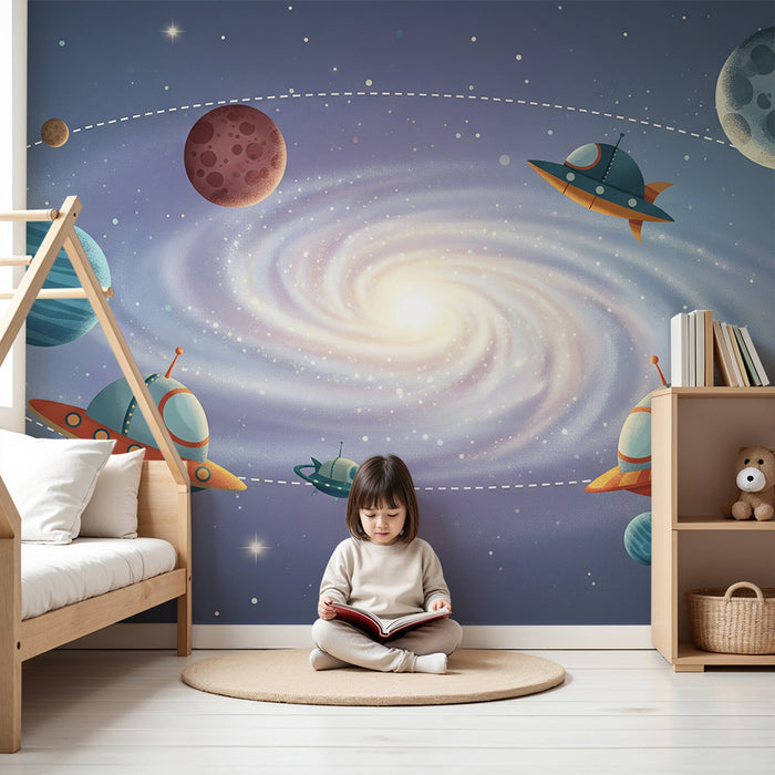 Papier peint chambre enfant | Voyage intergalactique avec vaisseaux spatiaux et planètes colorées