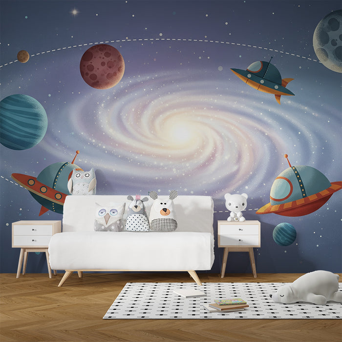 Papier peint chambre enfant | Voyage intergalactique avec vaisseaux spatiaux et planètes colorées