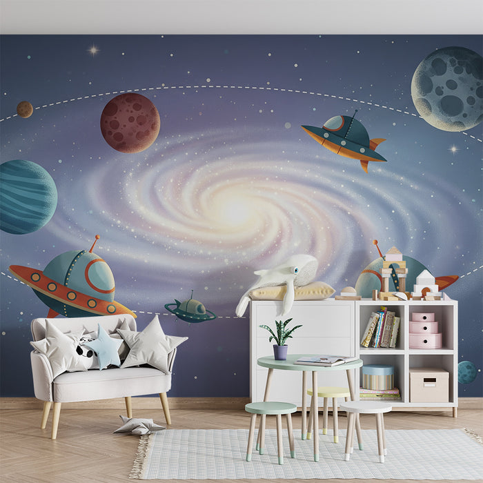 Papier peint chambre enfant | Voyage intergalactique avec vaisseaux spatiaux et planètes colorées