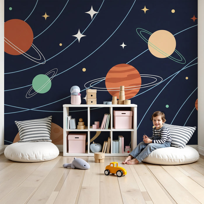 Papel pintado infantil | Viaje interestelar con los planetas