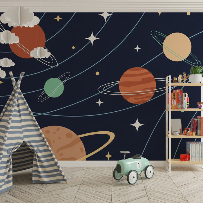 Papel pintado infantil | Viaje interestelar con los planetas
