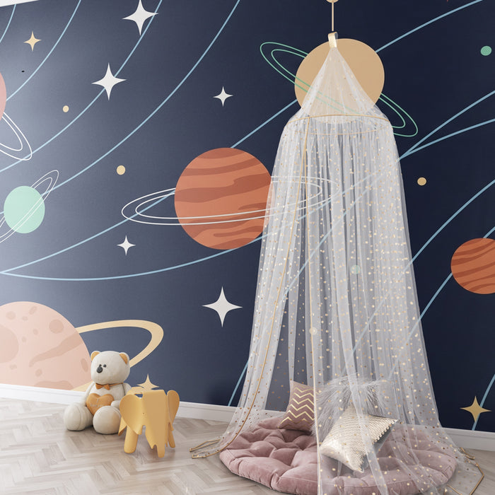 Papel pintado infantil | Viaje interestelar con los planetas