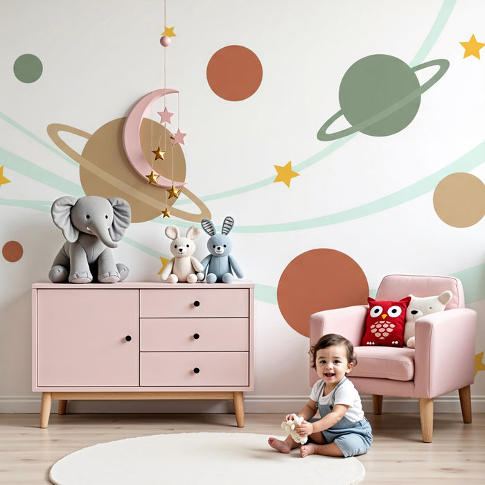Kinderzimmer Tapete | Interstellare Reise mit bunten Planeten