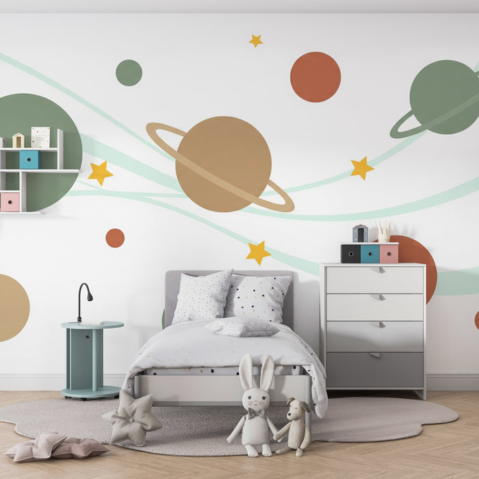 Kinderzimmer Tapete | Interstellare Reise mit bunten Planeten